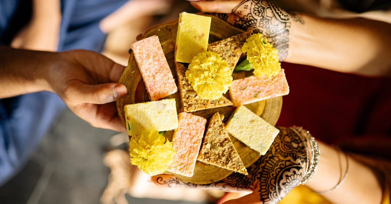 A plate of Barfi, a dense milk-based Indian sweet